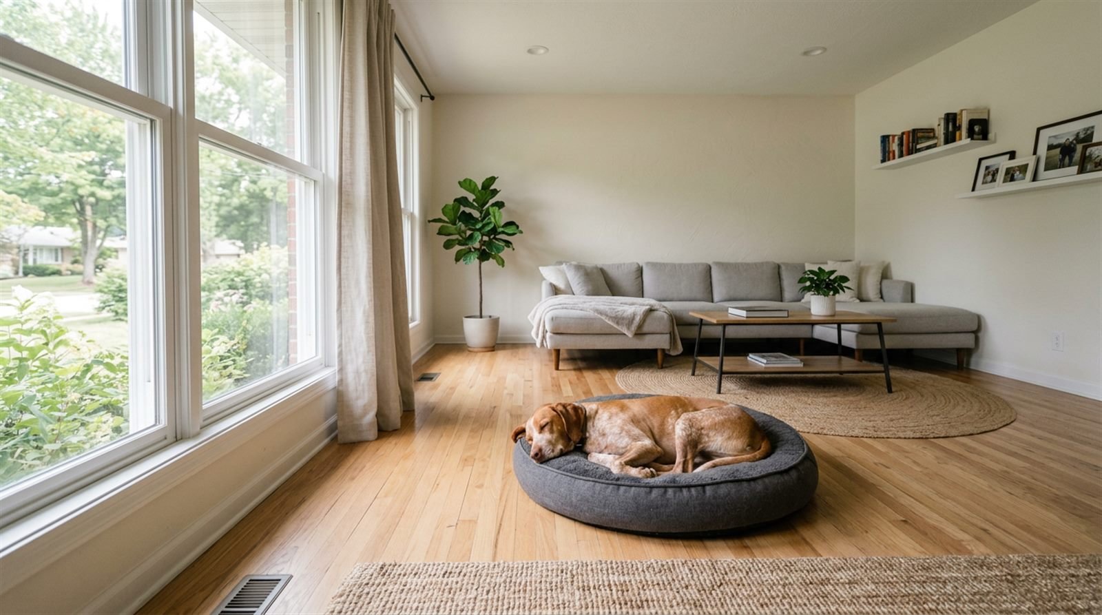 Dog resting calmly on its bed in an empty living room during the day