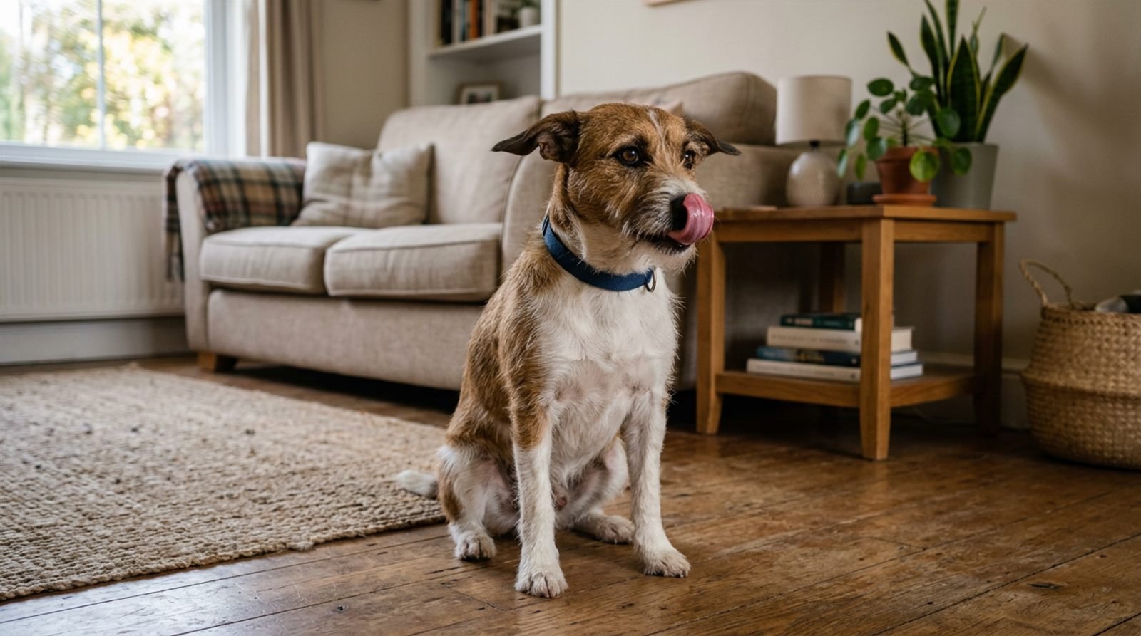 Dog licking its lips as a stress signal while sitting in a living room