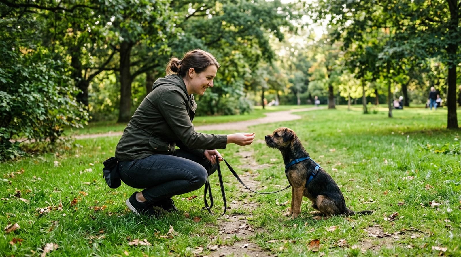 Dog owner giving a treat to their dog during an outdoor training session