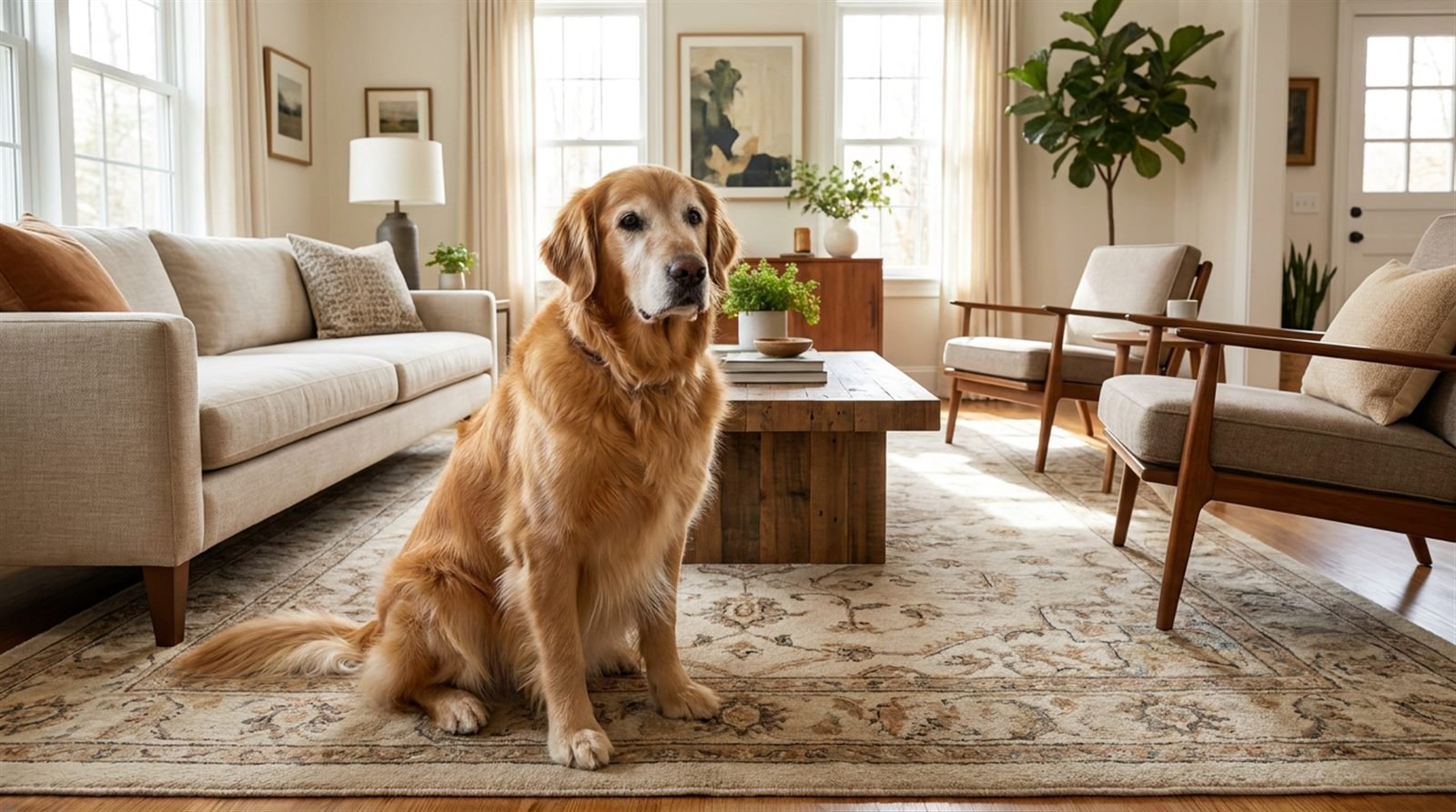 Well-groomed senior golden retriever with a gray muzzle sitting calmly in a bright living room