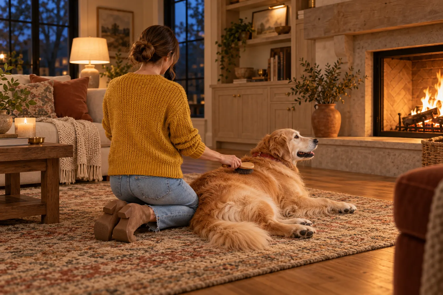 Owner seen from behind brushing the glossy coat of a senior dog on a living room rug in front of a lit fireplace
