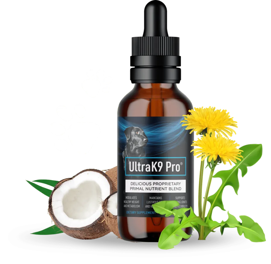 UltraK9 Pro amber glass dropper bottle with black dropper, liquid dog supplement