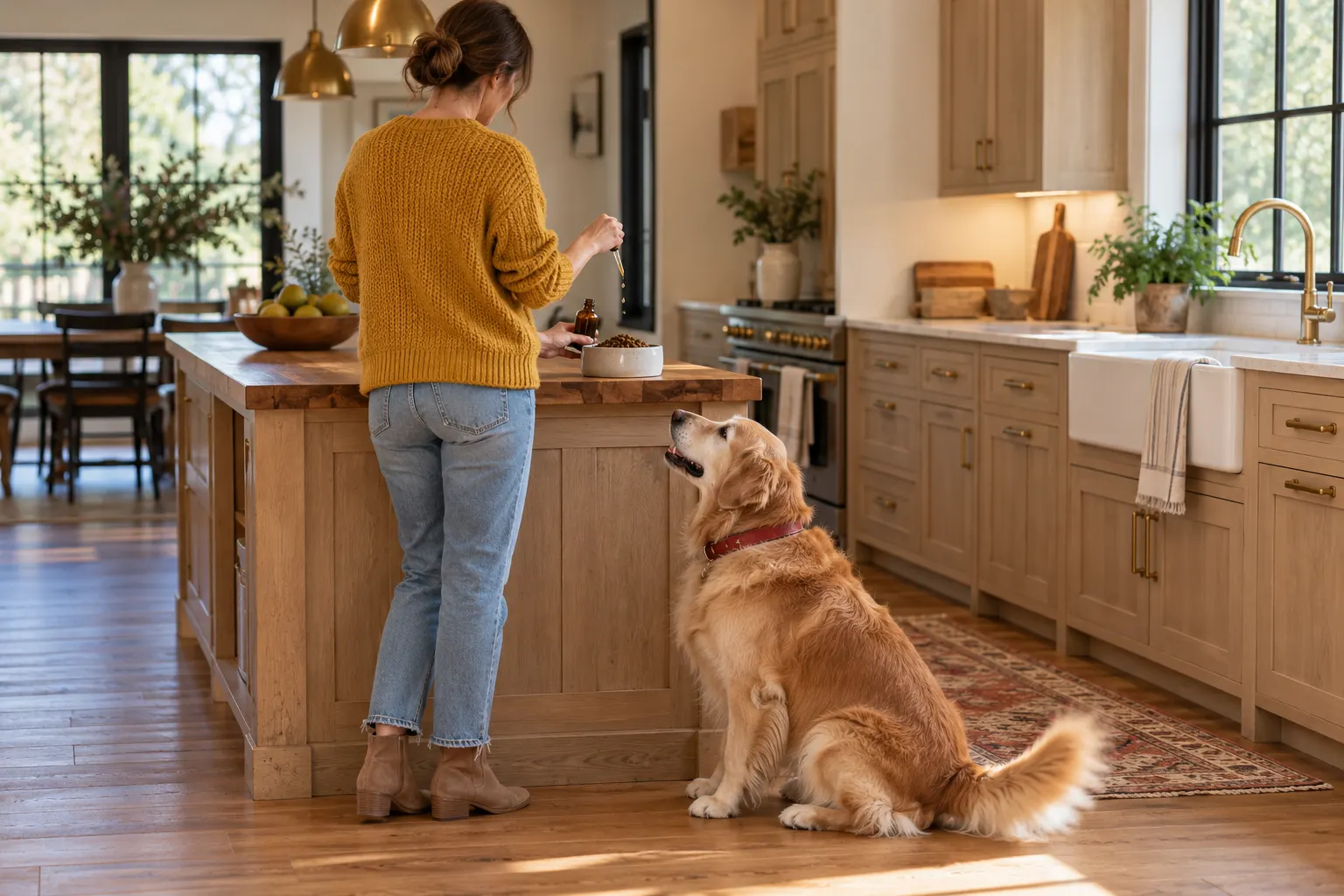 Owner seen from behind squeezing a dropper of liquid supplement over a bowl of kibble on a wooden kitchen counter