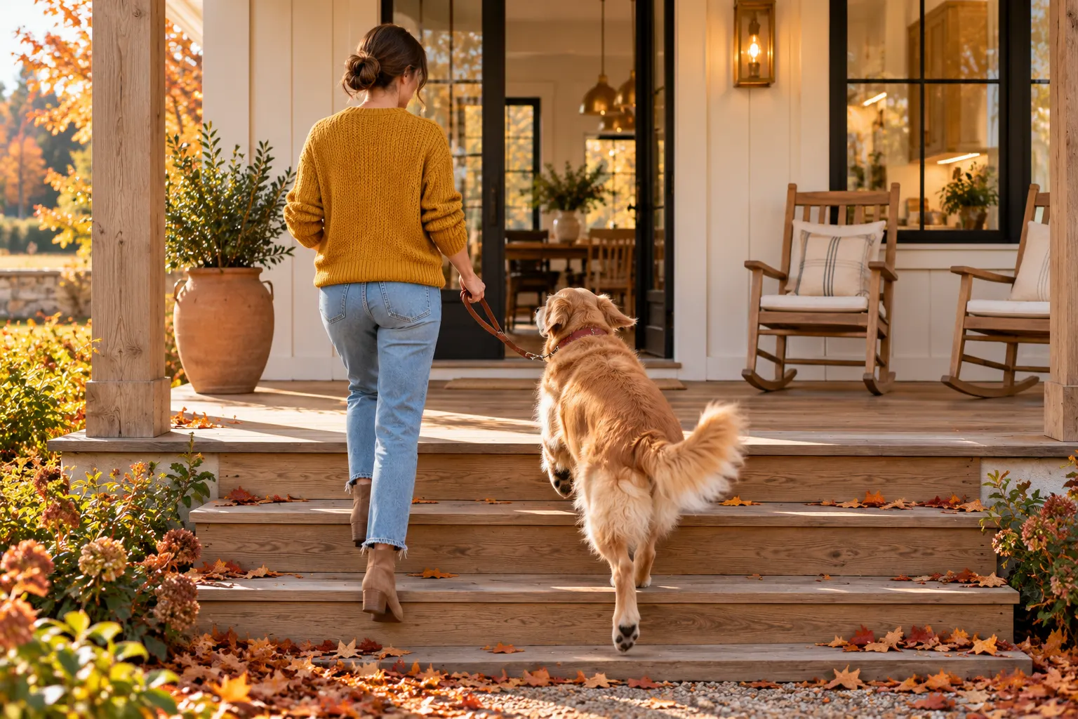 Senior golden retriever climbing the wooden porch steps of a farmhouse behind its owner at the end of a walk