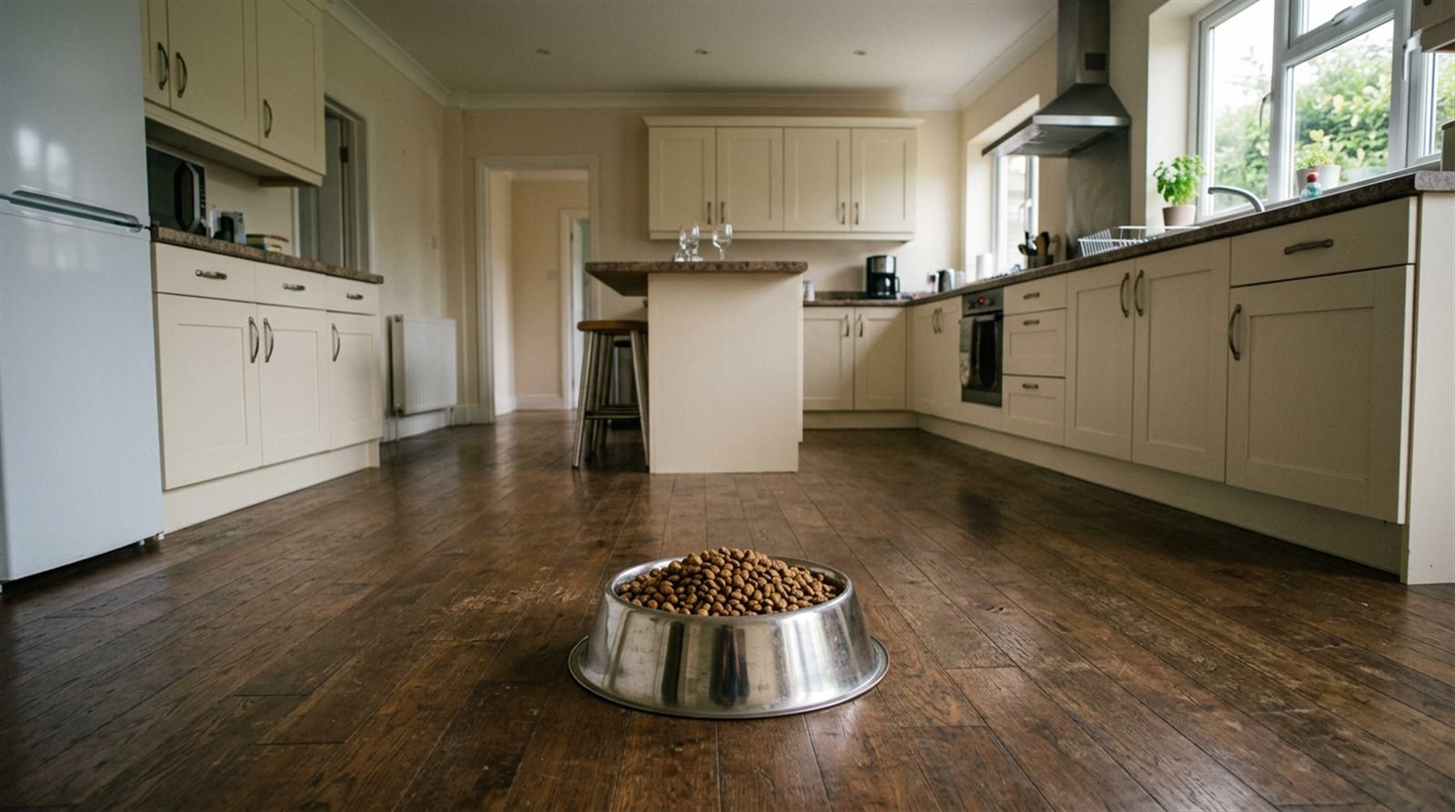 Untouched bowl of dog food on a kitchen floor in an empty house